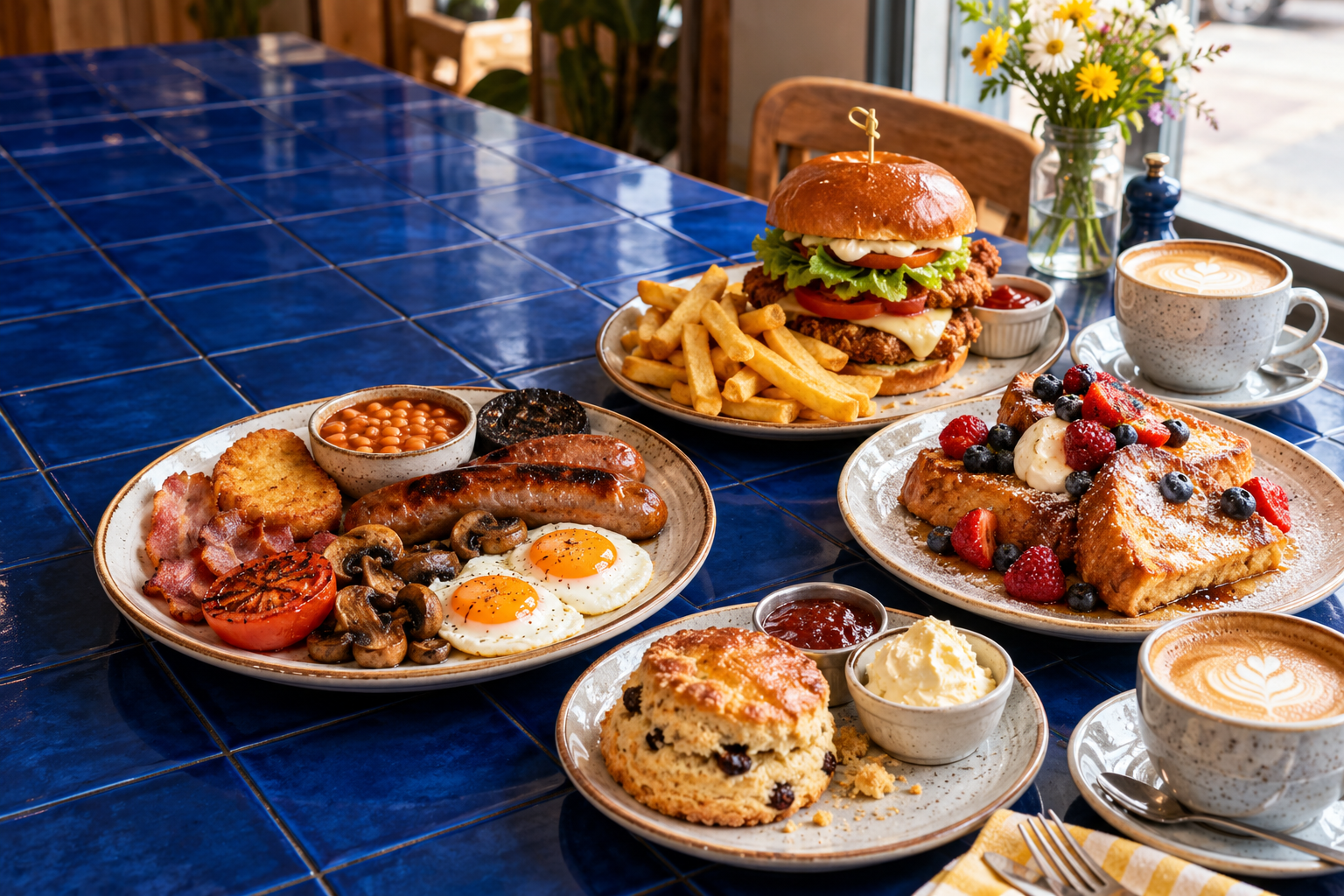 A breakfast and lunch spread with coffee, French toast and a burger