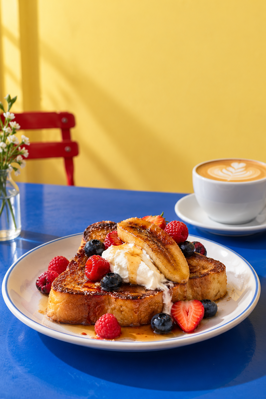 French toast topped with berries, beside a cup of coffee